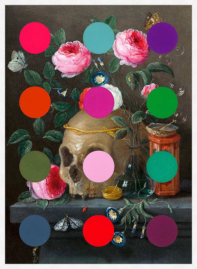 Modern Art Dots Still Life Skull and Flowers Altered Art Print