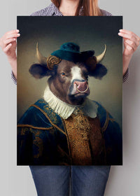 Bull with Hat Animal Head Portrait Print