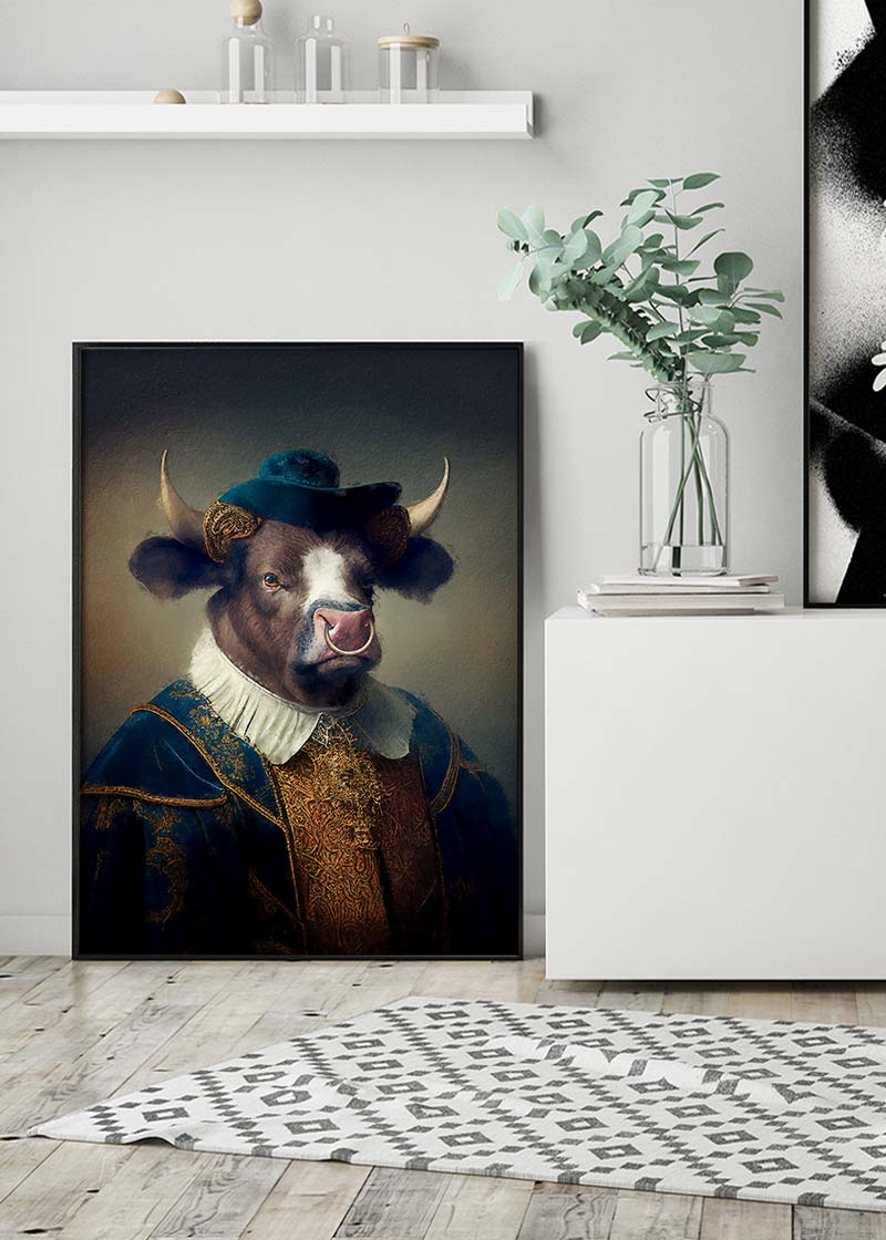 Bull with Hat Animal Head Portrait Print
