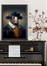 Bull with Hat Animal Head Portrait Print