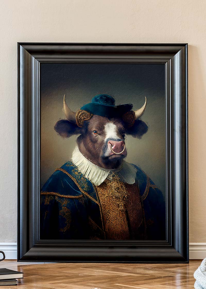 Bull with Hat Animal Head Portrait Print