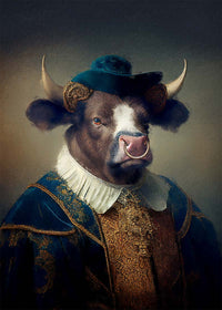 Bull with Hat Animal Head Portrait Print