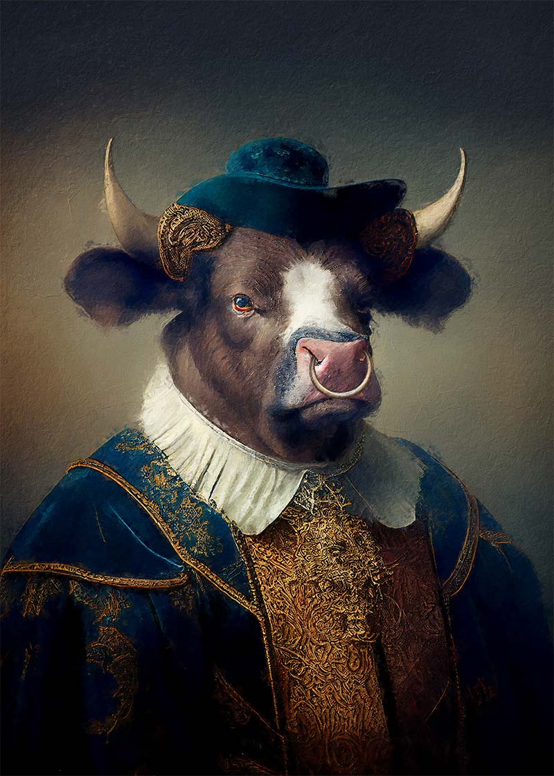 Bull with Hat Animal Head Portrait Print
