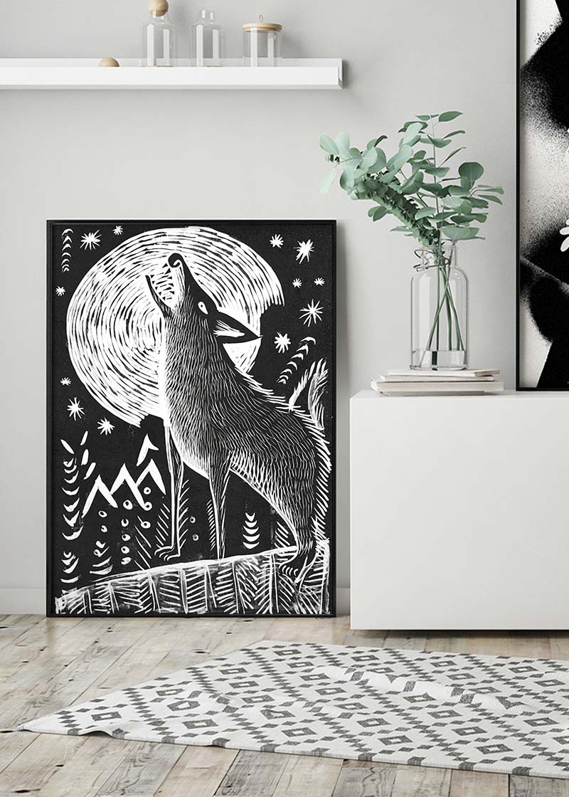 Black and White Wolf Folk Art Print