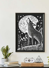 Black and White Wolf Folk Art Print