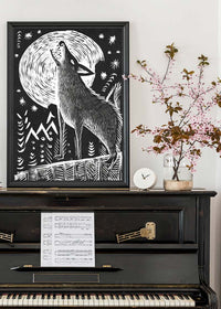Black and White Wolf Folk Art Print