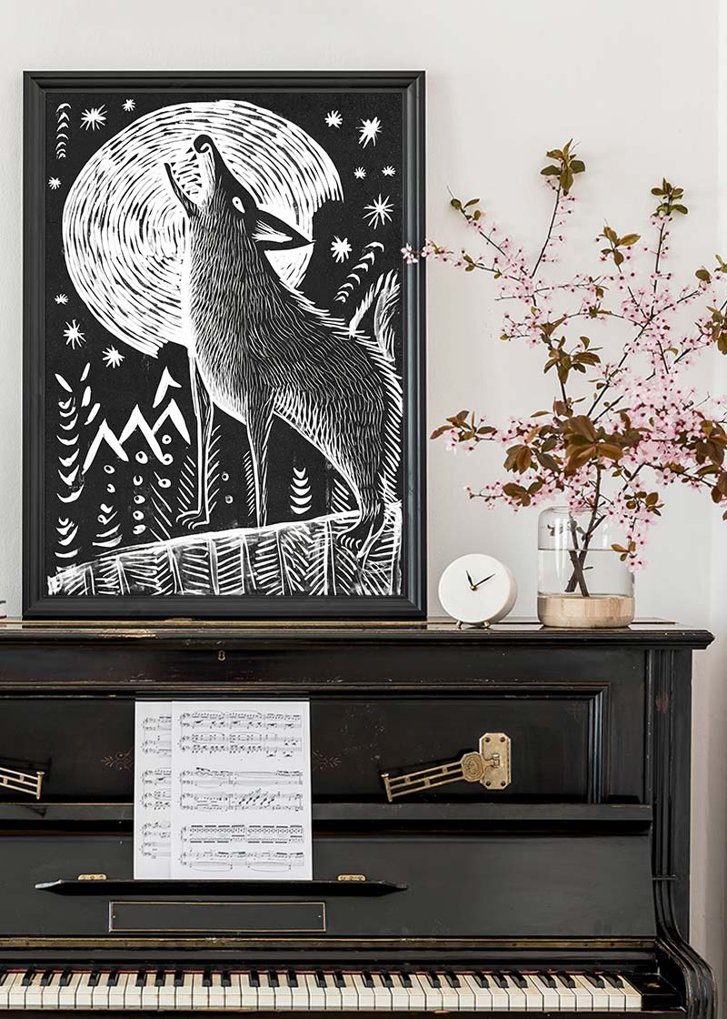 Black and White Wolf Folk Art Print