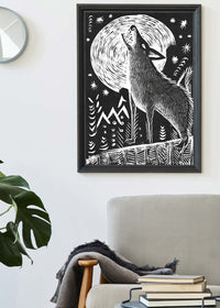 Black and White Wolf Folk Art Print