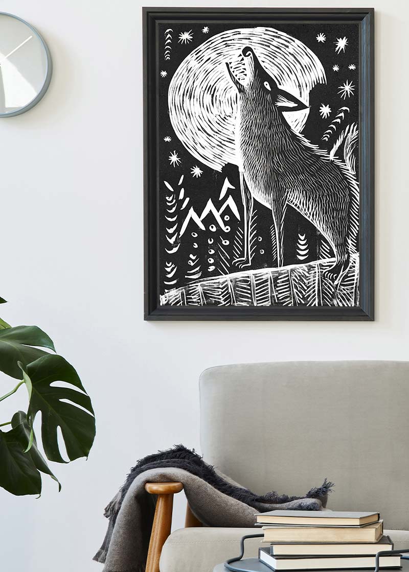Black and White Wolf Folk Art Print