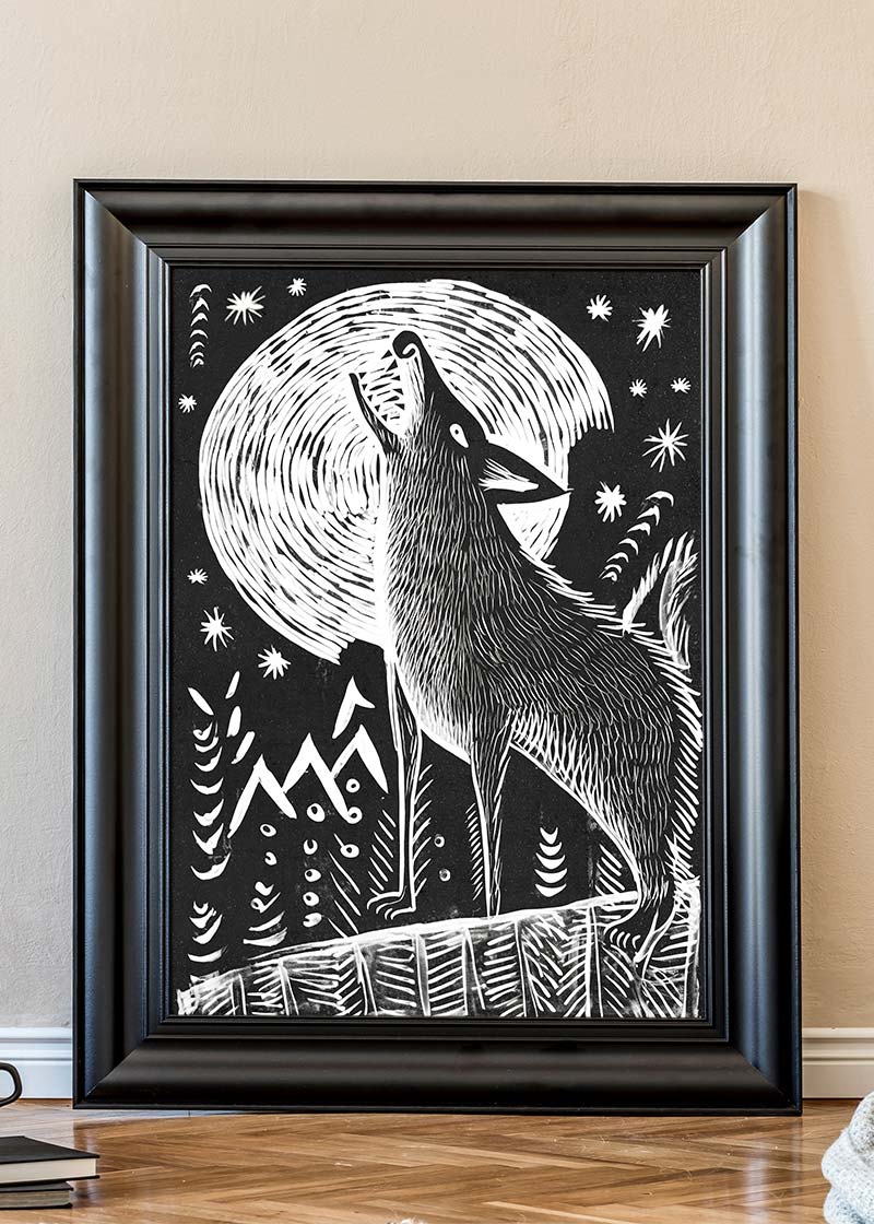 Black and White Wolf Folk Art Print