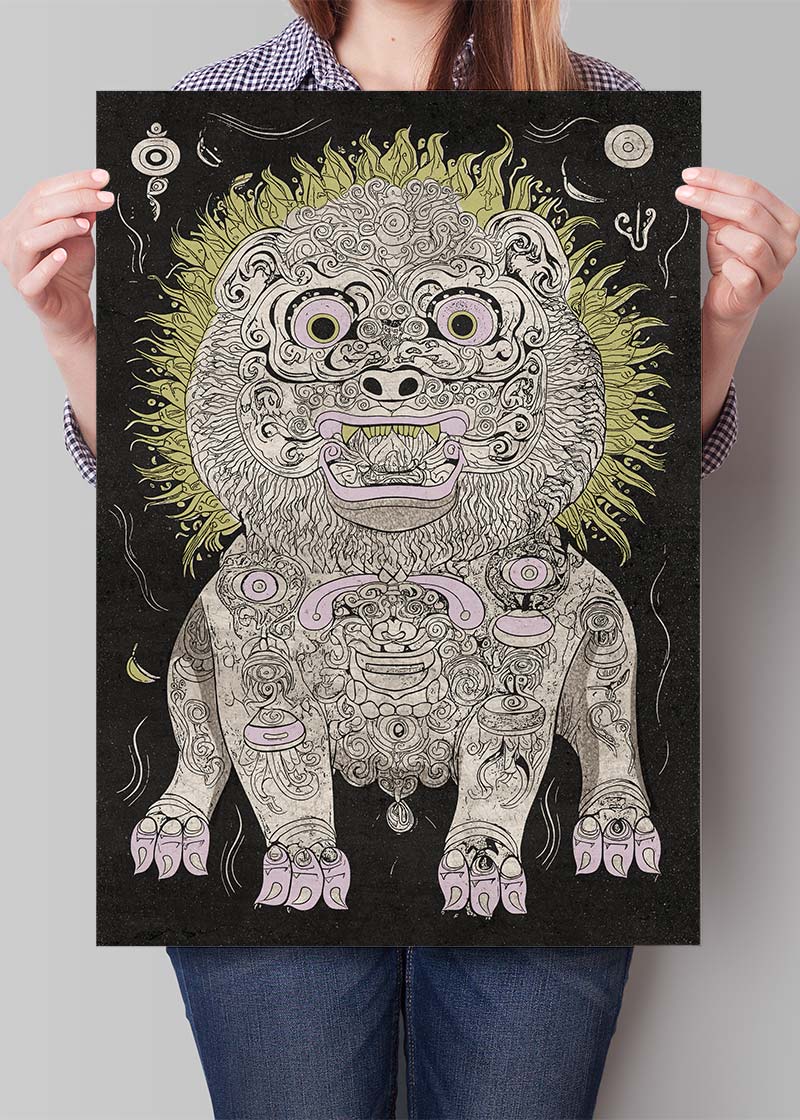 Black and White Lion Folk Art Print