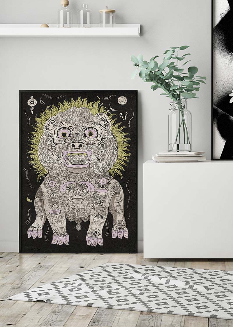 Black and White Lion Folk Art Print