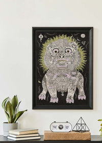 Black and White Lion Folk Art Print