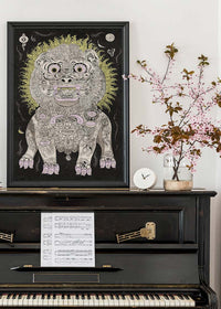 Black and White Lion Folk Art Print