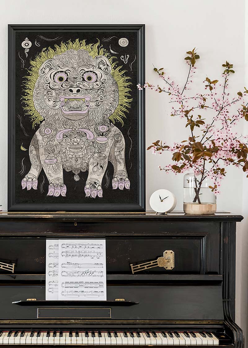 Black and White Lion Folk Art Print