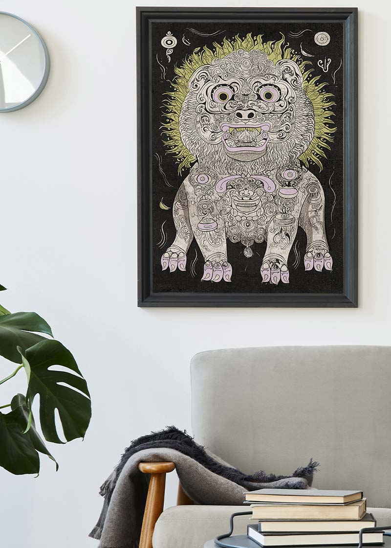 Black and White Lion Folk Art Print