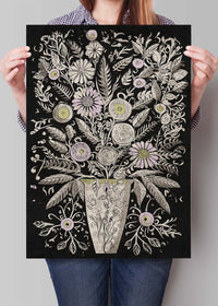 Black and White Flowers Folk Art Print