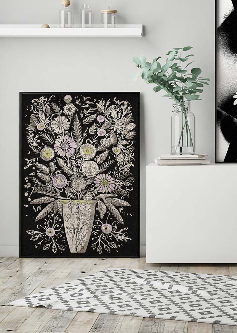 Black and White Flowers Folk Art Print