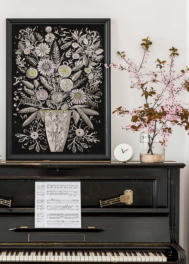 Black and White Flowers Folk Art Print