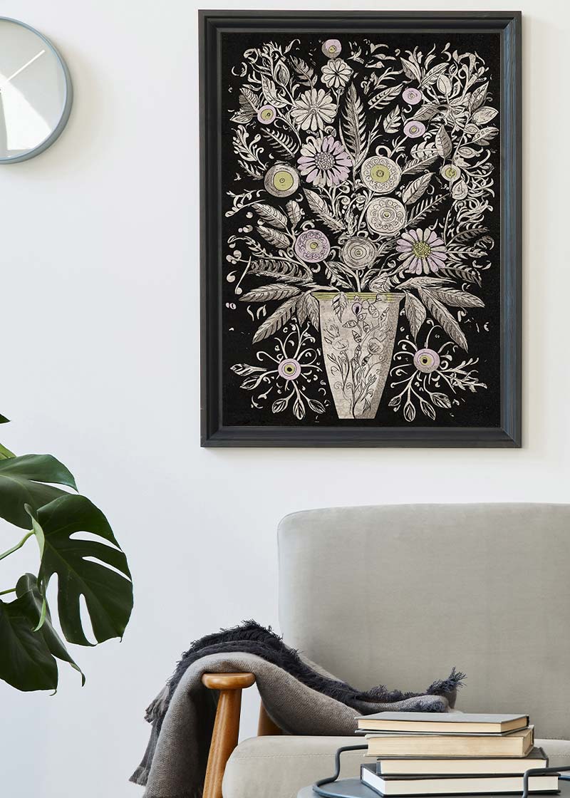 Black and White Flowers Folk Art Print