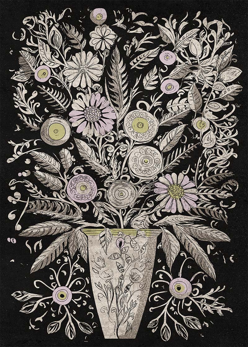 Black and White Flowers Folk Art Print