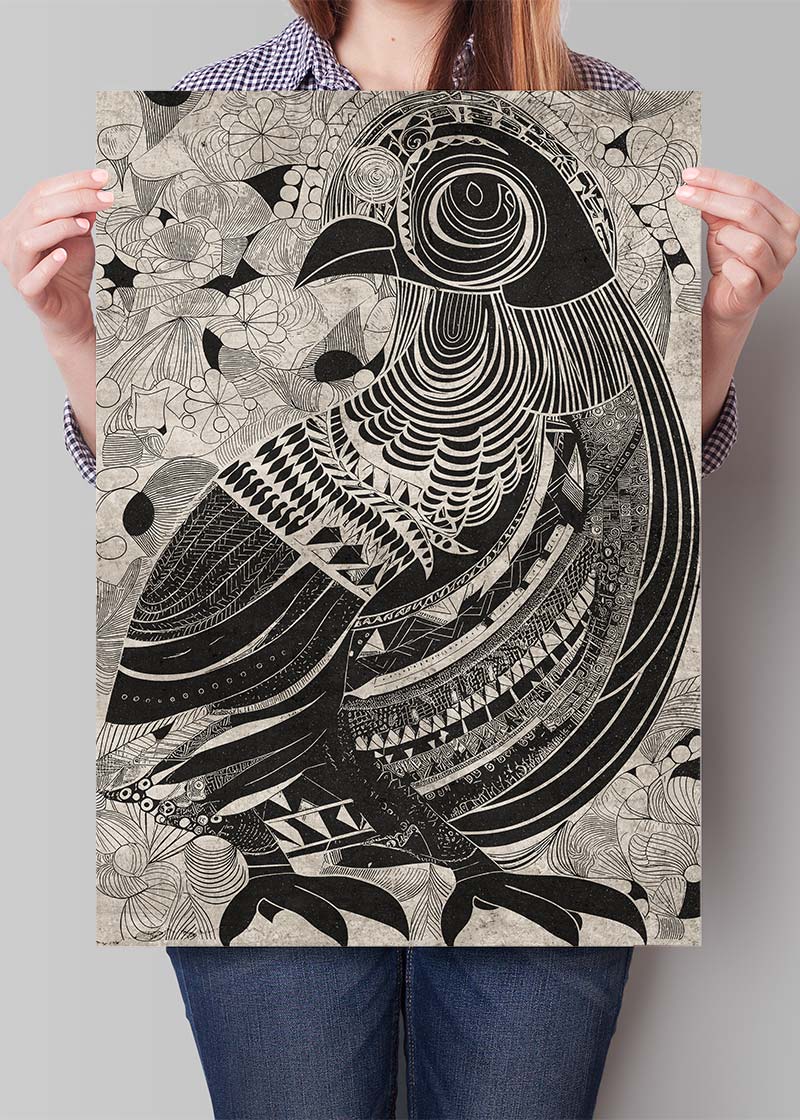 Black and White Bird Folk Art Print
