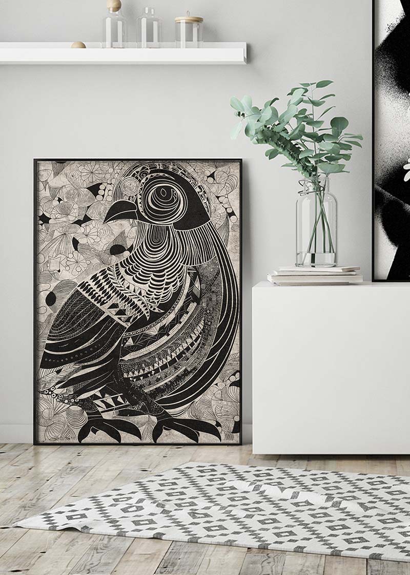 Black and White Bird Folk Art Print