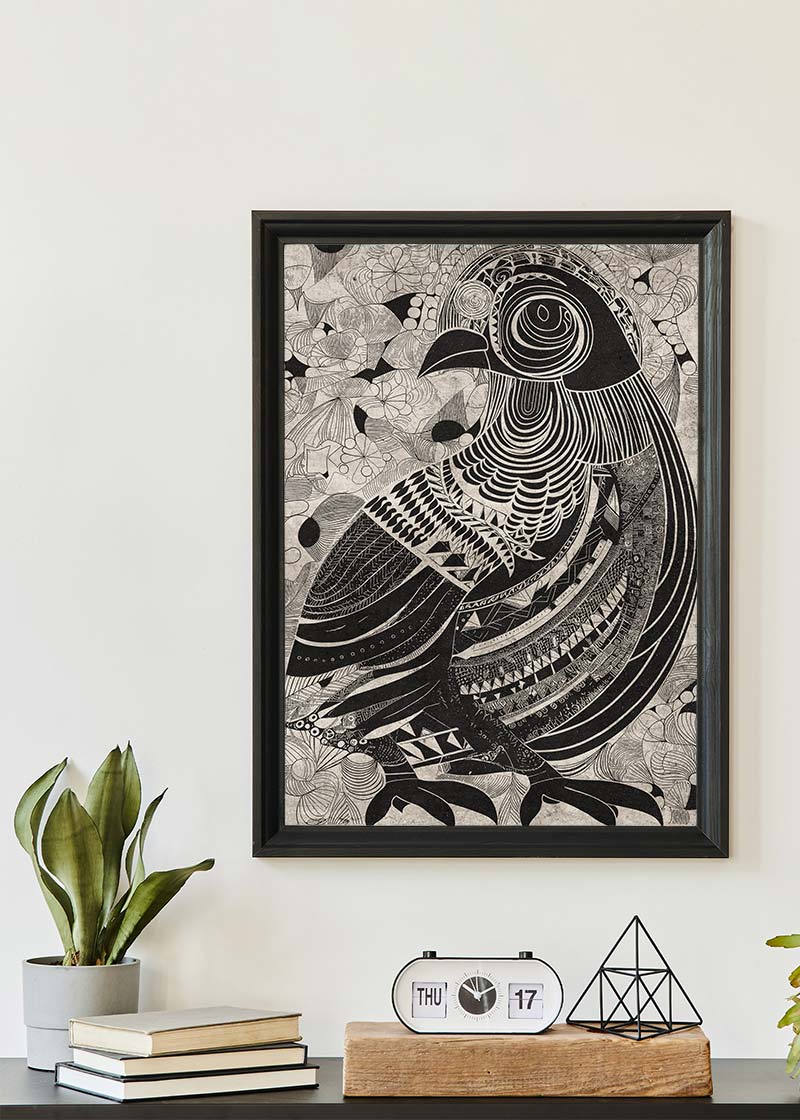 Black and White Bird Folk Art Print