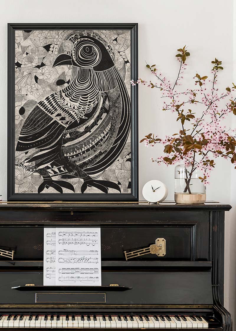 Black and White Bird Folk Art Print
