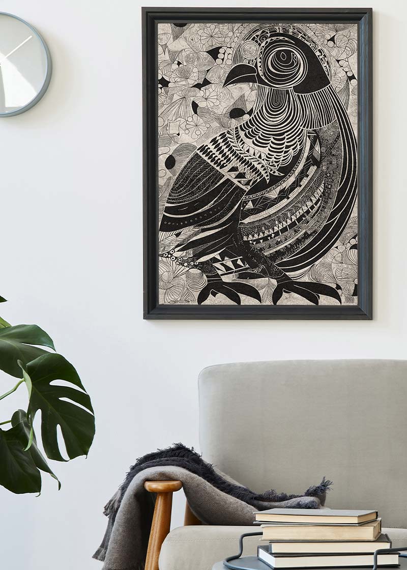 Black and White Bird Folk Art Print