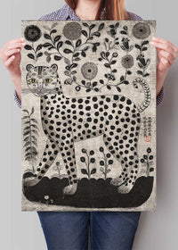 Black and White Leopard Folk Art Print