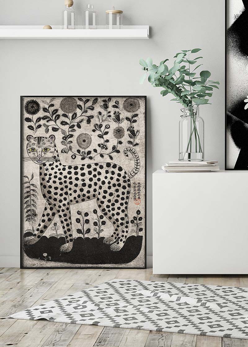 Black and White Leopard Folk Art Print