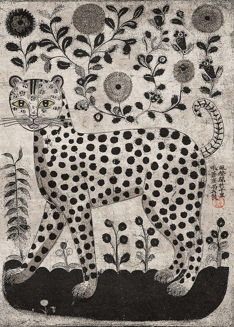 Black and White Leopard Folk Art Print