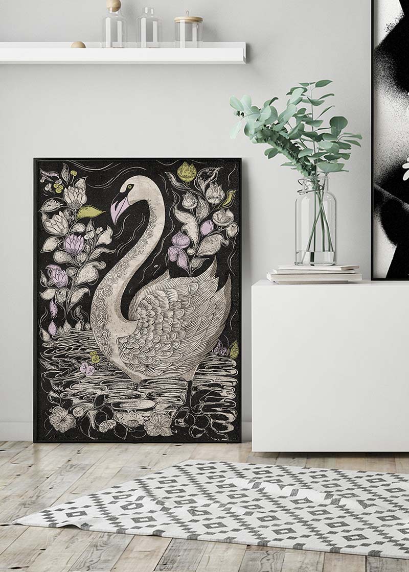 Black and White Swan Folk Art Print