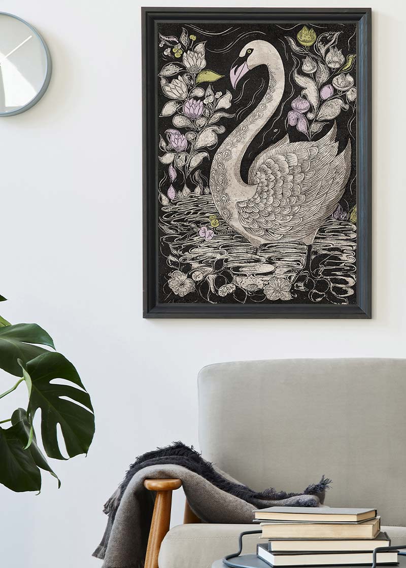 Black and White Swan Folk Art Print