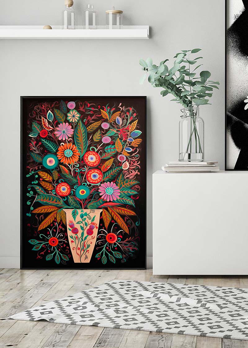 Folk Art Style Flowers Dark Print