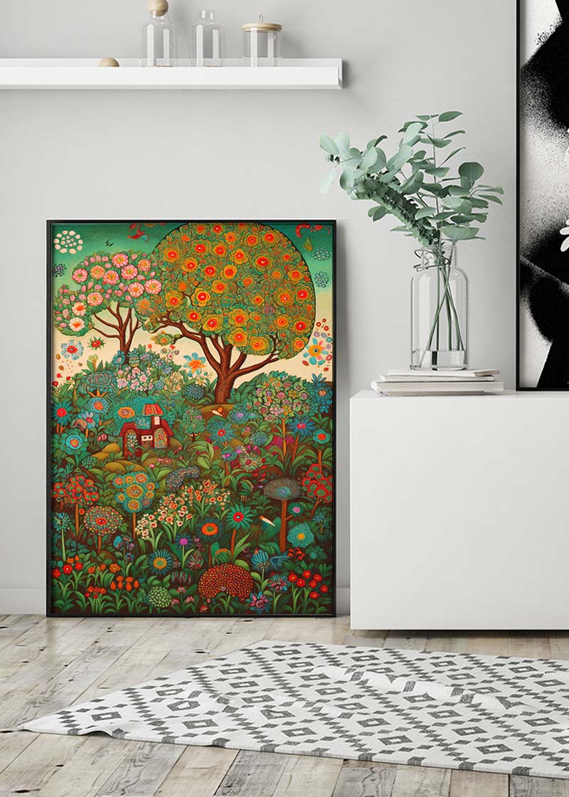 Folk Art Style Illustrated Forest Print