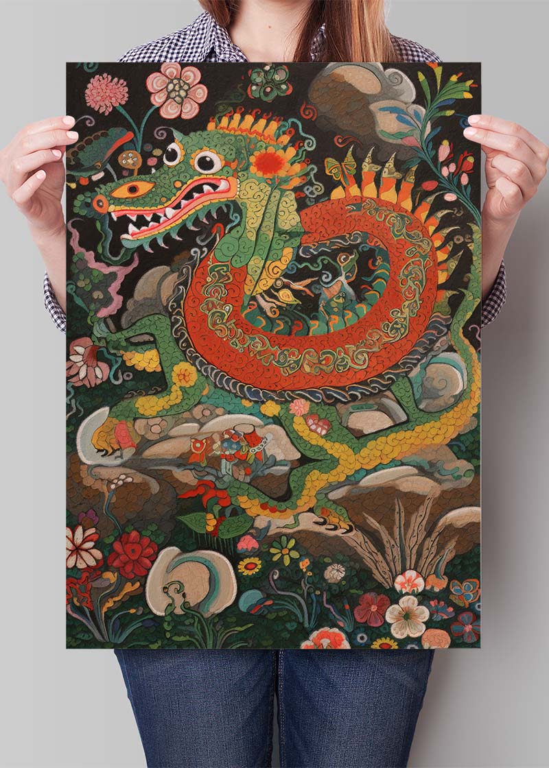 Folk Art Style Vintage Dragon Print