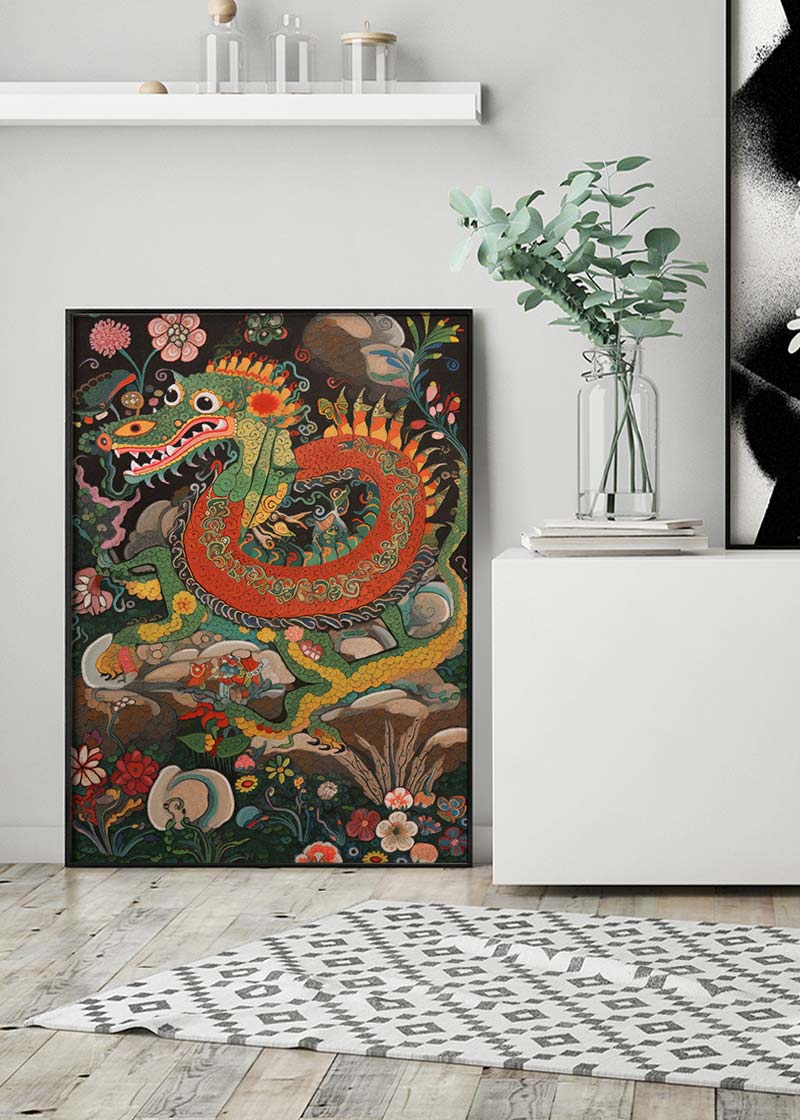 Folk Art Style Vintage Dragon Print