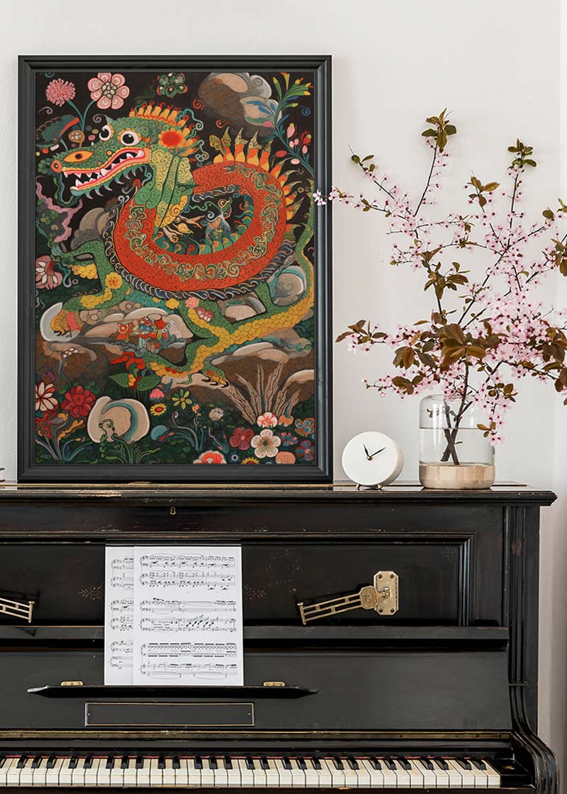 Folk Art Style Vintage Dragon Print