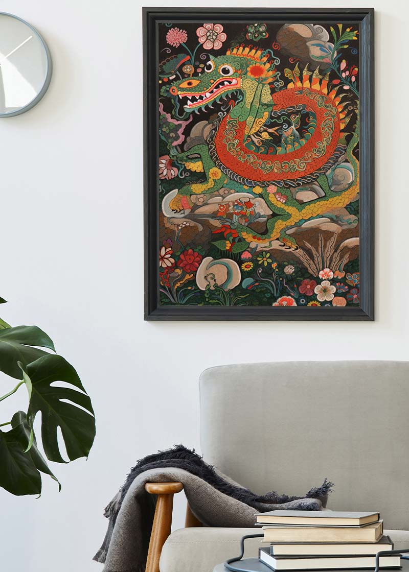 Folk Art Style Vintage Dragon Print