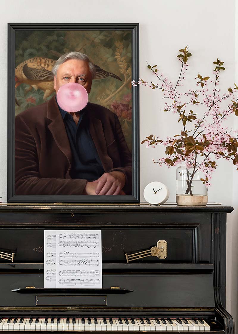 David Attenborough Blowing Bubblegum Portrait Print