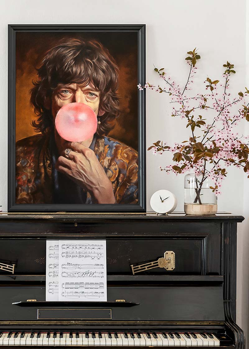Mick Jagger Blowing Bubblegum Portrait Print