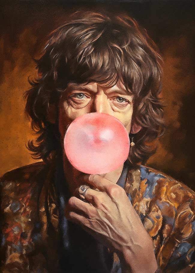 Mick Jagger Blowing Bubblegum Portrait Print