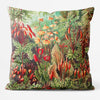 A square-shaped cushion with a vintage mushroom forest pattern printed on a faux-suede fabric.