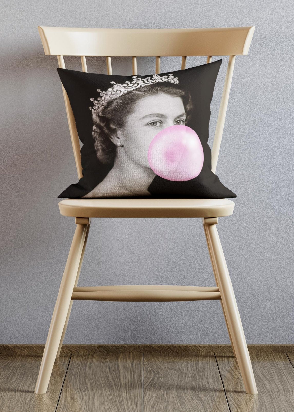 Queen Blowing Bubblegum Platinum Jubilee Cushion-InkAndDrop