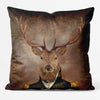 A square cushion featuring a printed portrait of a stag with large antlers, dressed in a military uniform.