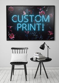 Custom Blue Neon Sign Floral Background Print