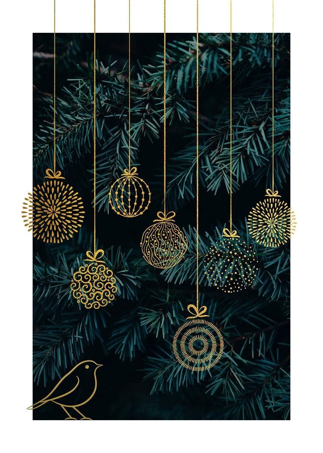 Gold Illustrated Baubles Christmas Print