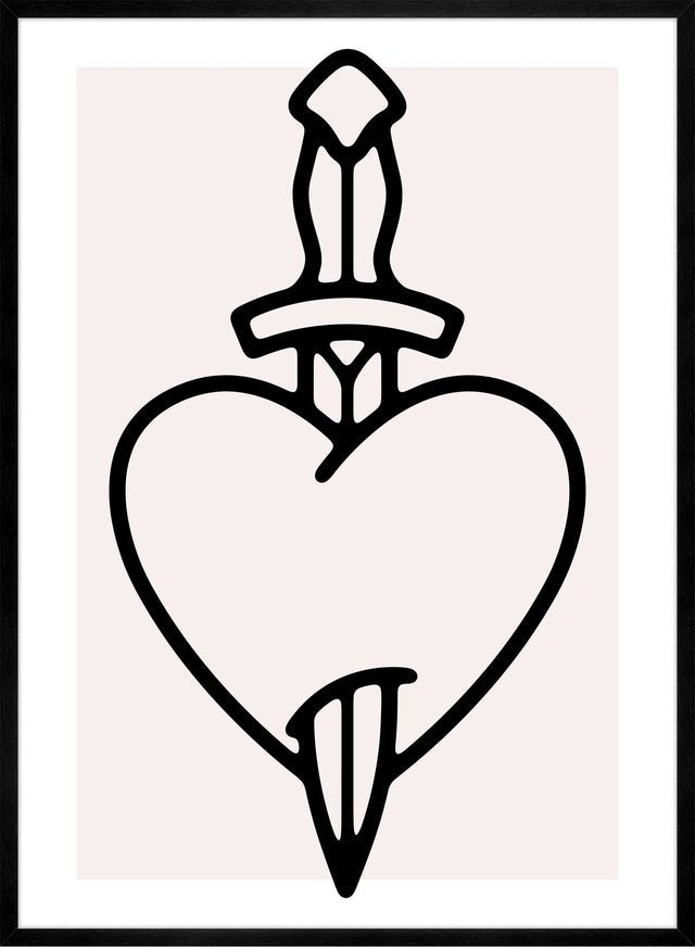 Heart And Dagger Black And White Tattoo Style Print